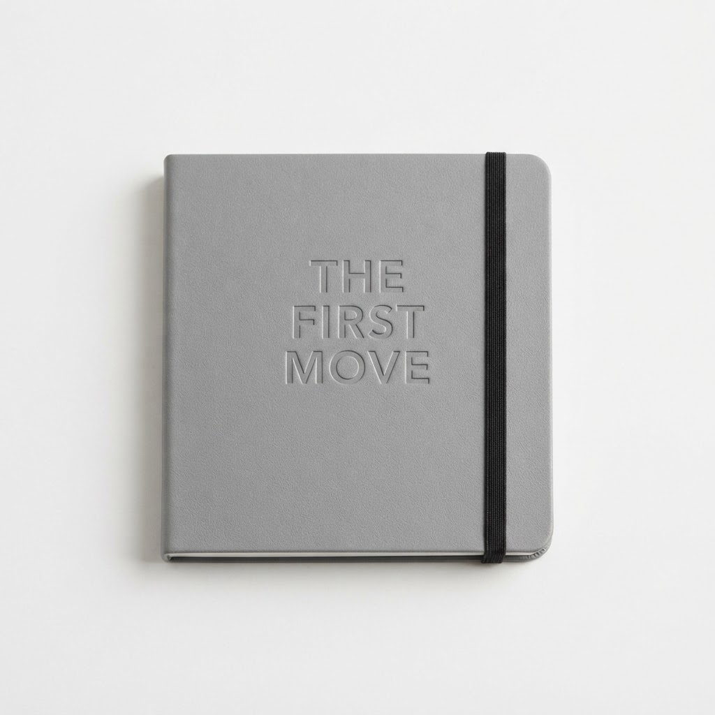 THE FIRST MOVE 로고가 새겨진 실버 노트북